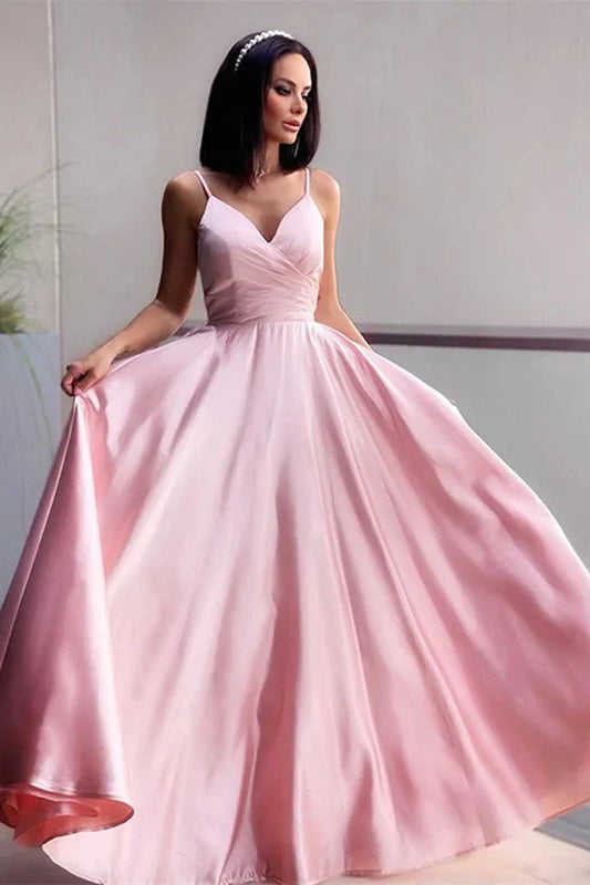 Gorgeous Blushing Pink Spaghetti-Straps V-Neck Evening Dress Long