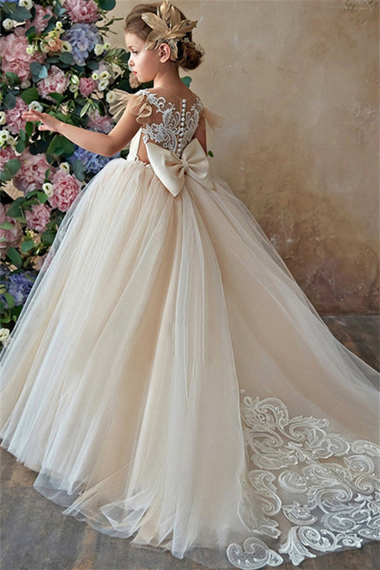 Gorgeous Cap Sleeveless Tulle Flower Girl Dress with Zipper Button Back and Bowknot