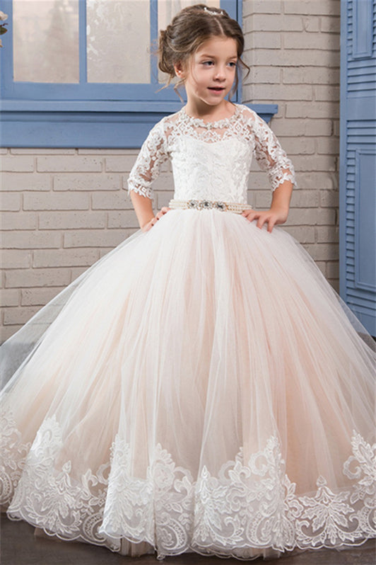 Gorgeous Half Sleeves Lace Flower Girl Dress Tulle Champagne Gown