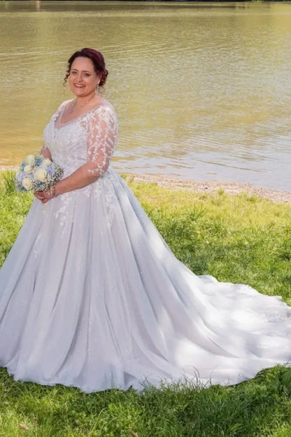 Gorgeous Half Sleeves Wedding Dress Aline Plus Size with Beadings