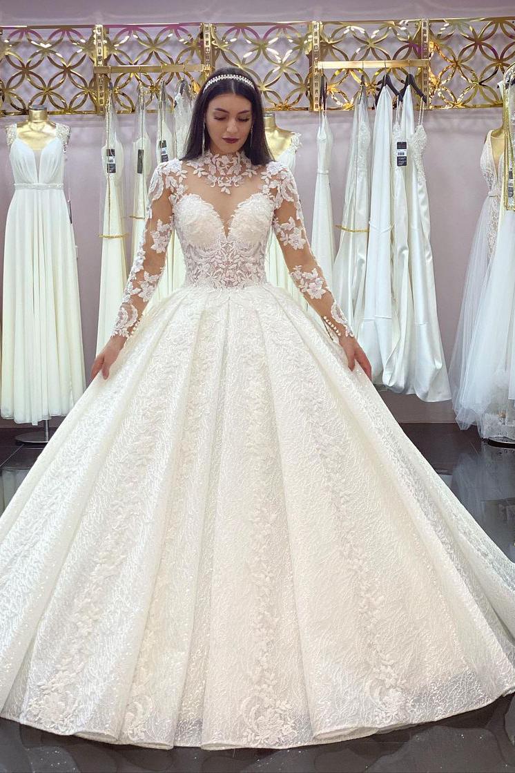 Gorgeous High-neck Long Sleeves Wedding Dress With Lace Appliques