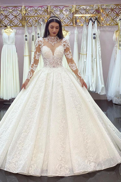Gorgeous High-neck Long Sleeves Wedding Dress With Lace Appliques