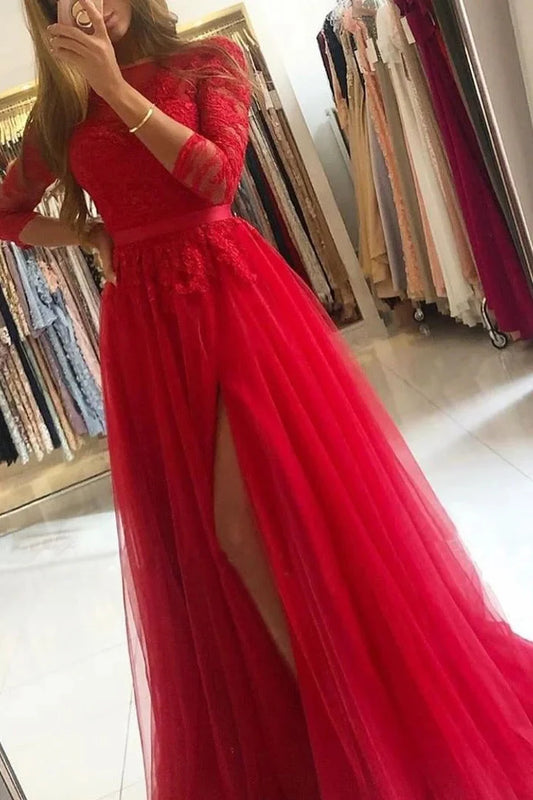 Gorgeous Long Sleeves Lace Tulle Evening Dress Long With Slit