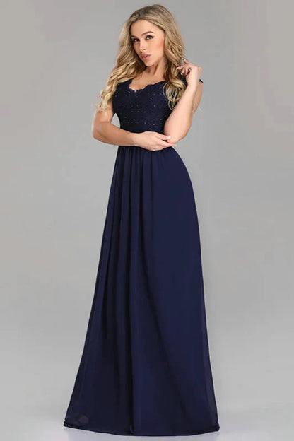Gorgeous Navy Blue Lace Prom Dress Long V-Neck Beadings Evening Gowns