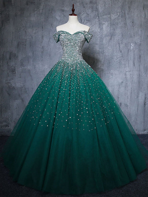 Gorgeous Off Shoulder Beaded Green Tulle Prom Dresses Glitter Ball Gown