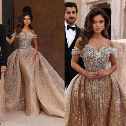 Gorgeous Off-the-Shoulder Crystal Mermaid Wedding Dresses with Sweep Train