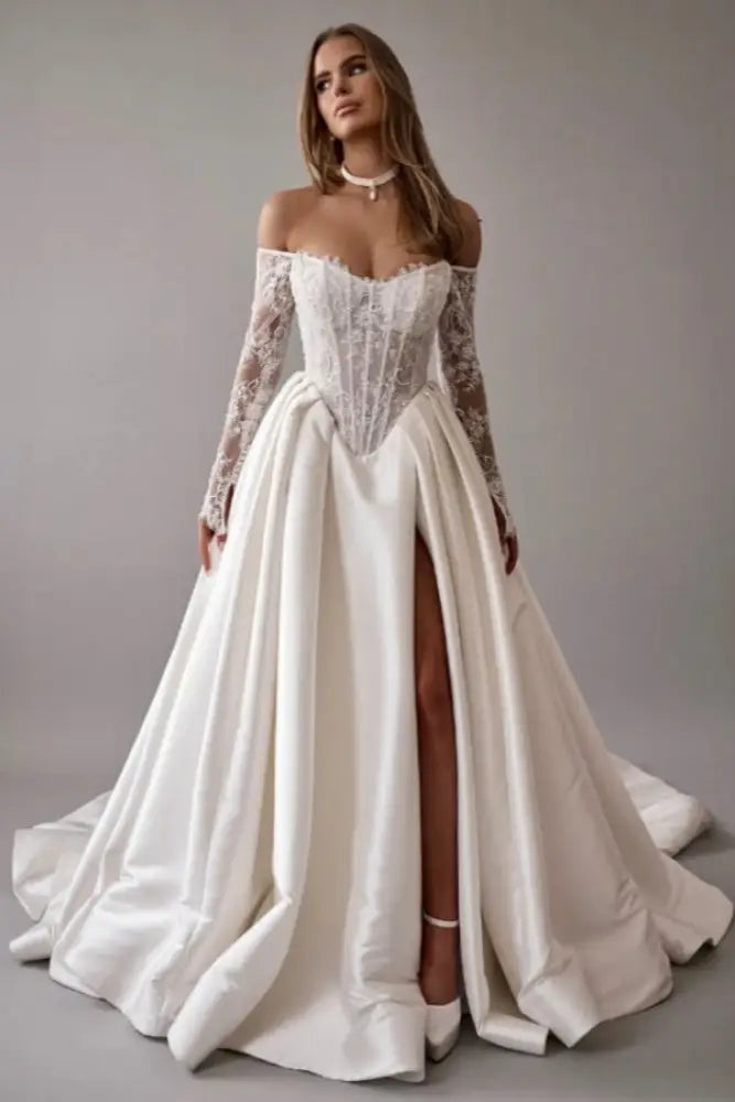 Gorgeous Off-the-Shoulder Satin Aline Wedding Dresses Front Split Long Sleeves Bridal Gown