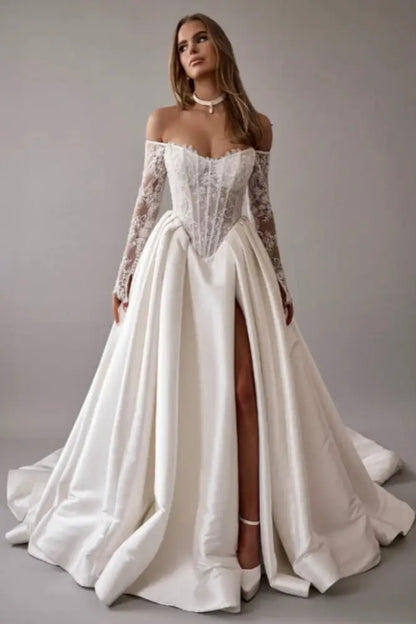 Gorgeous Off-the-Shoulder Satin Aline Wedding Dresses Front Split Long Sleeves Bridal Gown