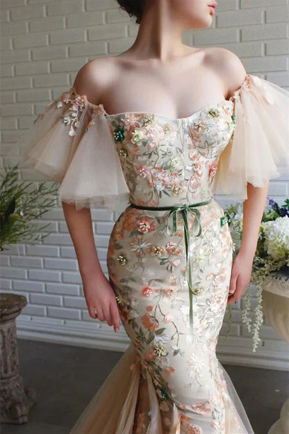 Gorgeous Off-the-Shoulder Tulle Evening Dress Mermaid Long With Flowers