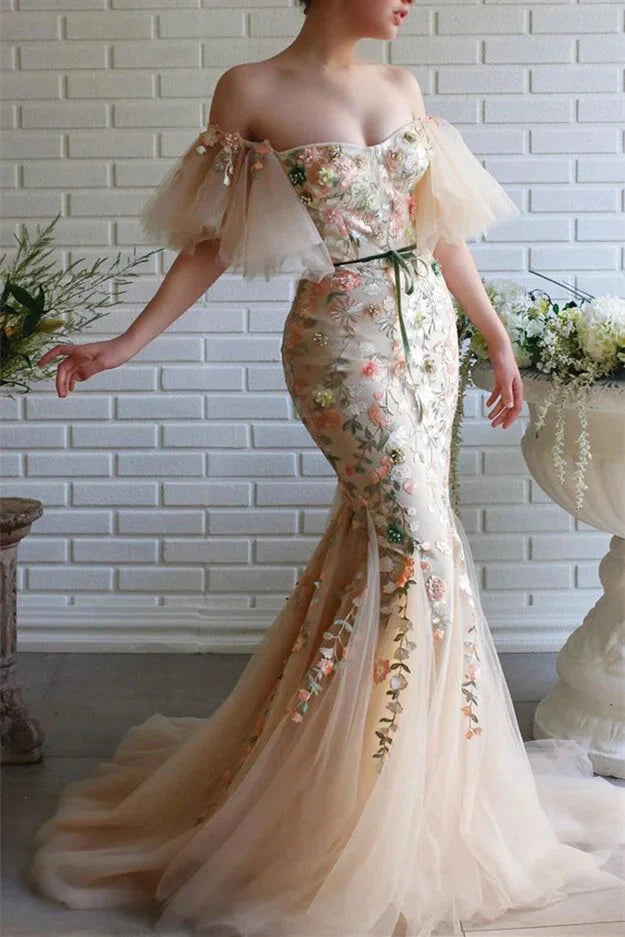 Gorgeous Off-the-Shoulder Tulle Evening Dress Mermaid Long With Flowers