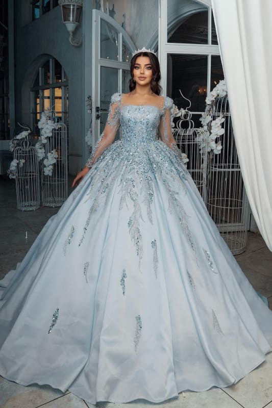 Gorgeous Satin A-Line Wedding Dresses Long Sleeves Square Neck Tulle Appliques Bridal Dress