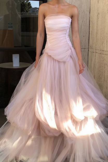 Gorgeous Strapless Layered Light Pink Tulle Long Prom Dresses Light Pink Tulle Formal Graduation Evening Dresses
