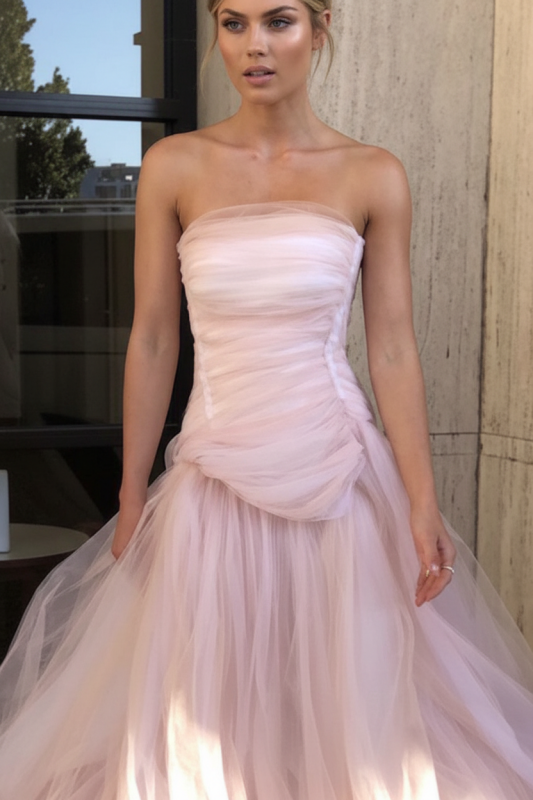 Gorgeous Strapless Layered Light Pink Tulle Long Prom Dresses Light Pink Tulle Formal Graduation Evening Dresses