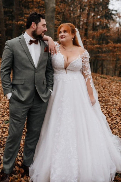 Gorgeous Tulle Lace Aline Wedding Dress Long Sleeves with Appliques