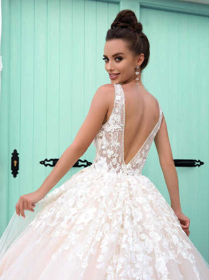 Gorgeous V Neck Open Back Pink Lace Long Ball Gown Wedding Dress
