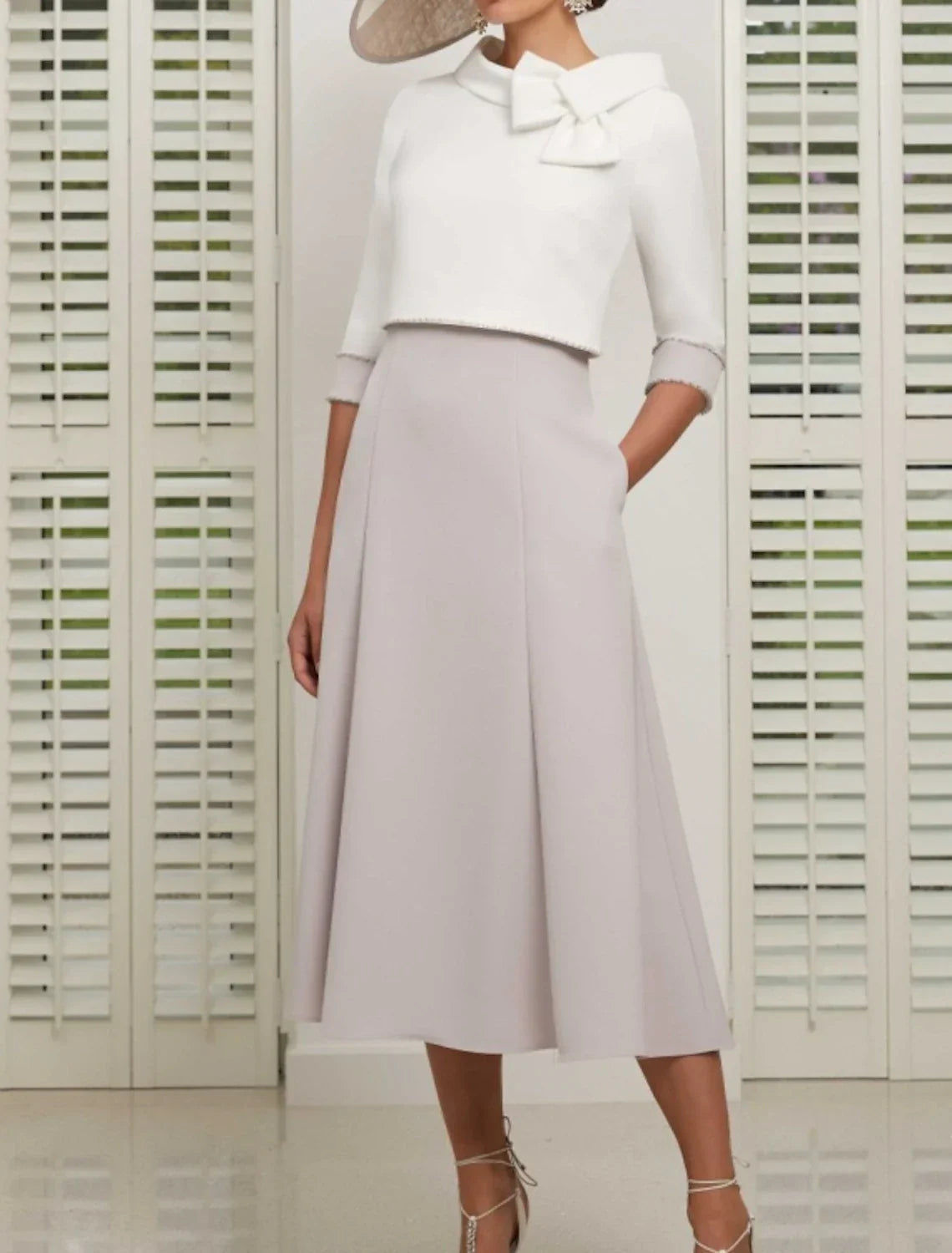 Two Piece Mother of the Bride Dress Wedding Guest Church Elegant Jewel Neck Ankle Length Stretch Satin 3/4 Length Sleeve Short Jacket Dresses with Bow(s)