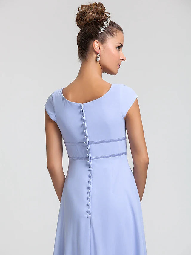 Sheath / Column Bridesmaid Dress Square Neck Short Sleeve Elegant Floor Length Chiffon with Sash / Ribbon / Pleats