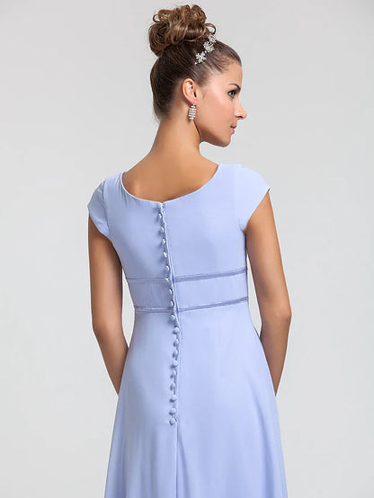 Sheath / Column Bridesmaid Dress Square Neck Short Sleeve Elegant Floor Length Chiffon with Sash / Ribbon / Pleats