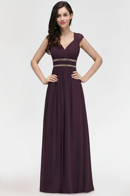 Chic Ruched Chiffon Aline Formal Dress Burgundy Bridesmaid Dress with Beadings
