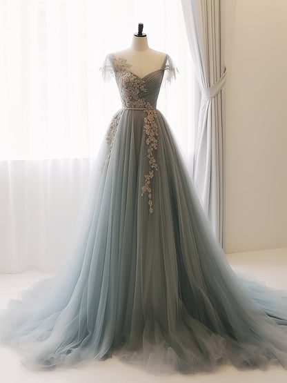 A-Line Sweetheart Neck Tulle Lace Gray Blue Long Prom Dress Formal Dress Elegant