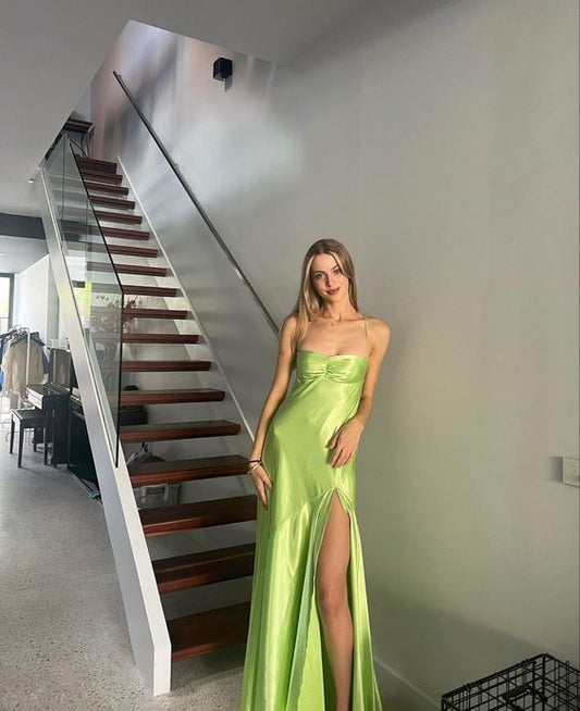 Simple Spaghetti Strap Leg Split Long Prom Dress