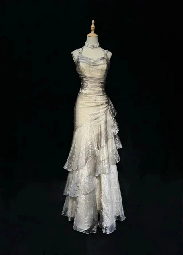 Unique Long Prom Dresses Ruffle Mermaid Formal Evening Gowns