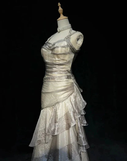 Unique Long Prom Dresses Ruffle Mermaid Formal Evening Gowns