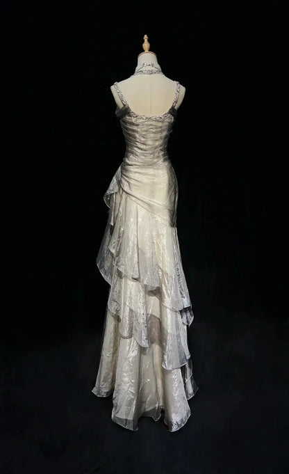 Unique Long Prom Dresses Ruffle Mermaid Formal Evening Gowns