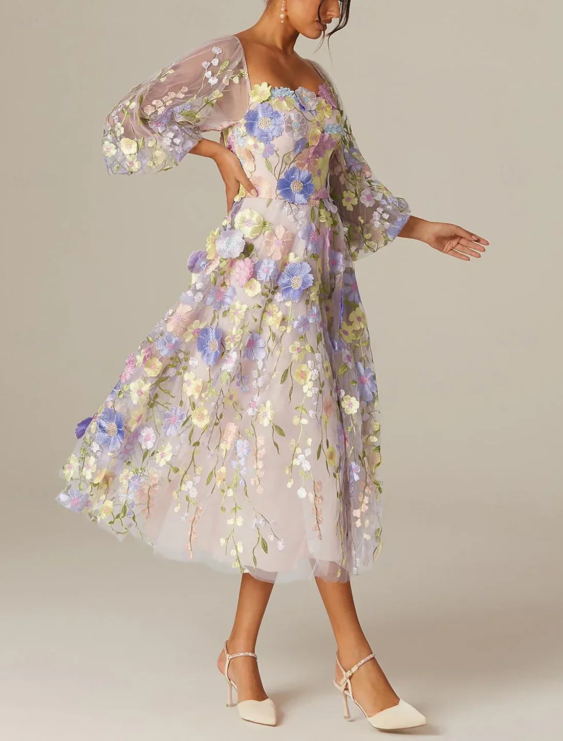 A-Line Prom Dresses Vintage Dress Valentine's Day Prom Tea Length Long Sleeve Square Neck Tulle With Flowers