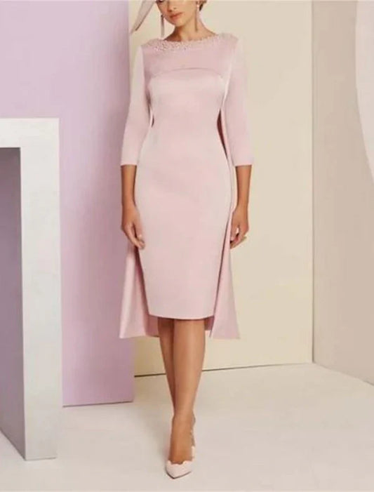 Two Piece Sheath / Column Mother of the Bride Dress Kentucky Derby Dresses Formal Wedding Guest Elegant Jewel Neck Knee Length Sequined Italy Satin 3/4 Length Sleeve with Beading