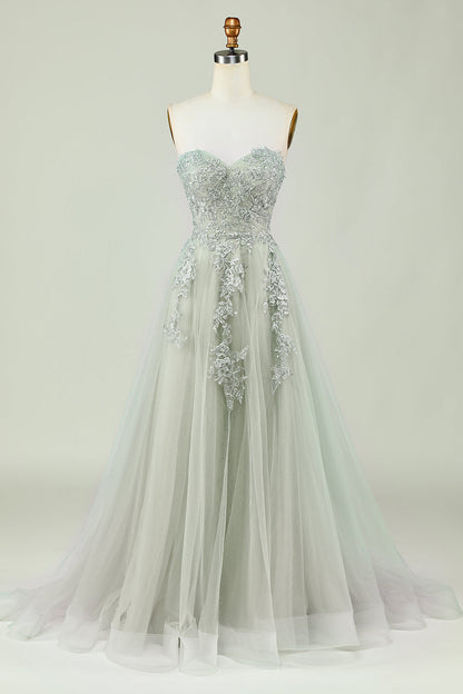 Sweetheart Beaded Light Green Long Prom Dress with Slit Front Off Shoulder Beautiful