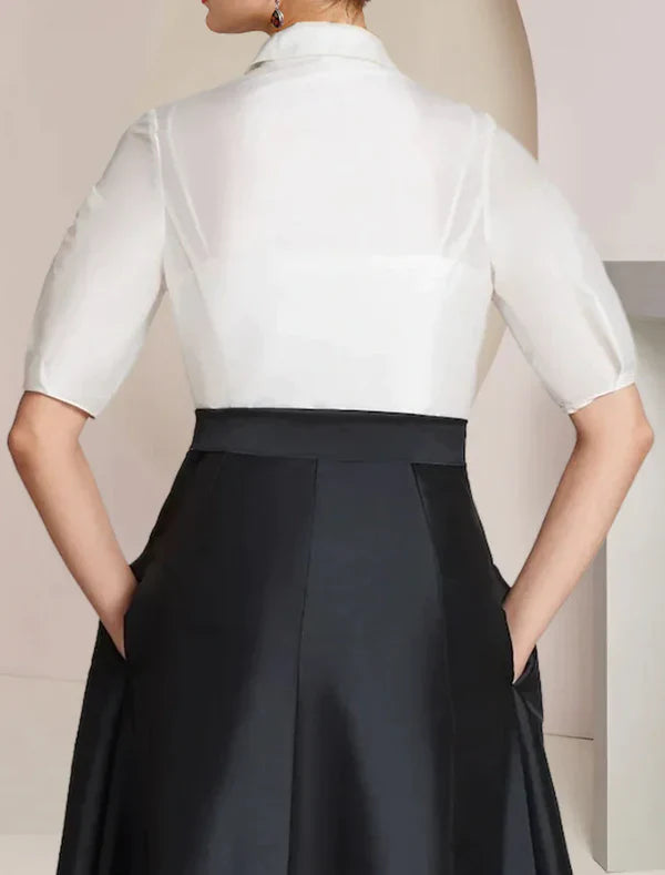 A-Line Mother of the Bride Dress Formal Wedding Guest Party Elegant Shirt Collar Floor Length Taffeta Short Sleeve with Bow(s)