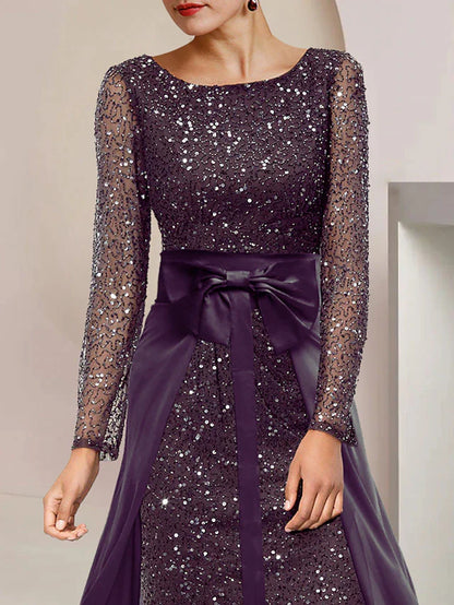 DingjiTwo Piece Sheath / Column Mother of the Bride Dress Formal Wedding Guest Sparkle & Shine Elegant Scoop Neck Knee Length Lace Sequined Long Sleeve with Beading Sequin