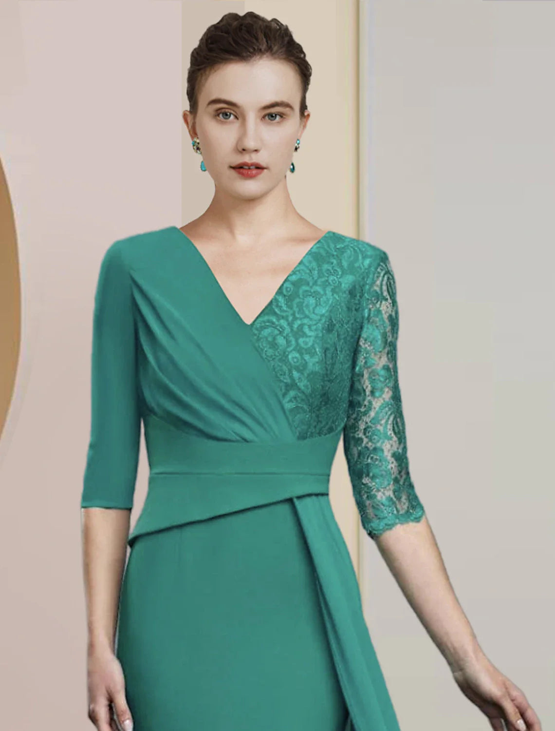 Aimishang Sheath / Column Mother of the Bride Dress Formal Wedding Guest Party Elegant V Neck Floor Length Chiffon Lace Half Sleeve with Ruching