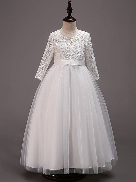 Half Sleeve Lace Tulle Jewel Neck Floor Length Flower Girl Dress With Cotton Belt