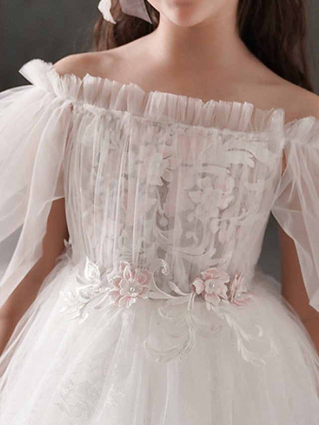 Half Sleeve Off Shoulder Flower Girl Dresses Polyester With Appliques