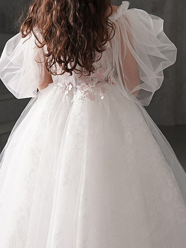 Half Sleeve Off Shoulder Flower Girl Dresses Polyester With Appliques