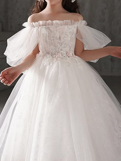 Half Sleeve Off Shoulder Flower Girl Dresses Polyester With Appliques