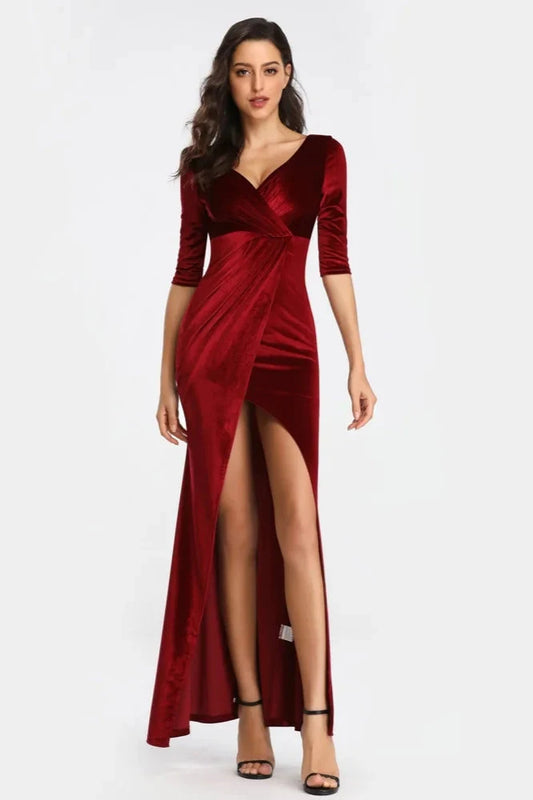 Half Sleeve Velvet Prom Dresses Long Split Evening Gowns