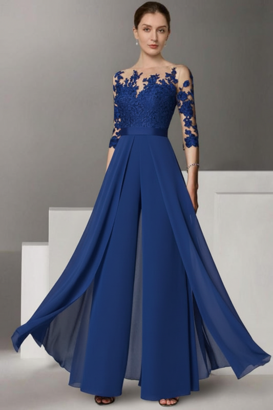 Half Sleeves Chiffon Mother of Bride Jumpsuit with Appliques