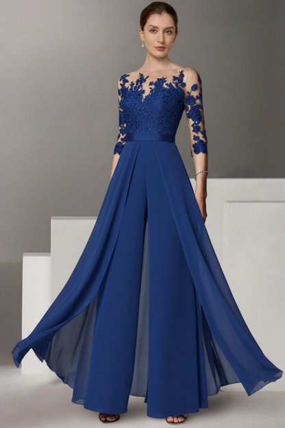Half Sleeves Chiffon Mother of Bride Jumpsuit with Appliques