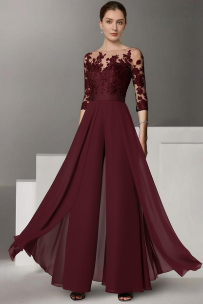 Half Sleeves Chiffon Mother of Bride Jumpsuit with Appliques