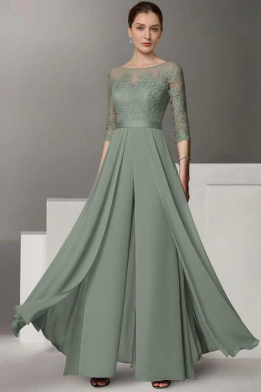 Half Sleeves Chiffon Mother of Bride Jumpsuit with Appliques