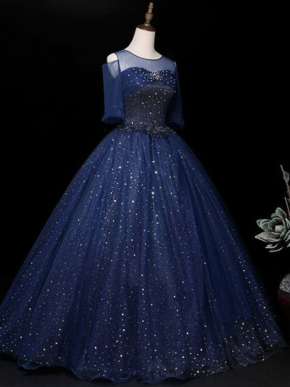 Half Sleeves Round Neck Navy Blue Beaded Long Prom Dresses, Shiny Beaded Navy Blue Formal Evening Dresses, Navy Blue Ball Gown