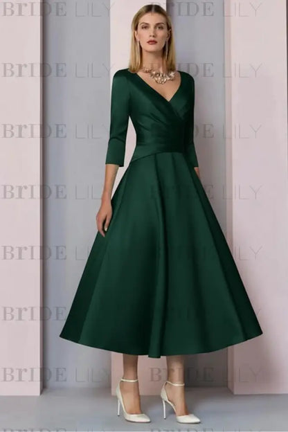 Half Sleeves Satin Wedding Guest Dress Ankle Length Mother of the Bride Dress