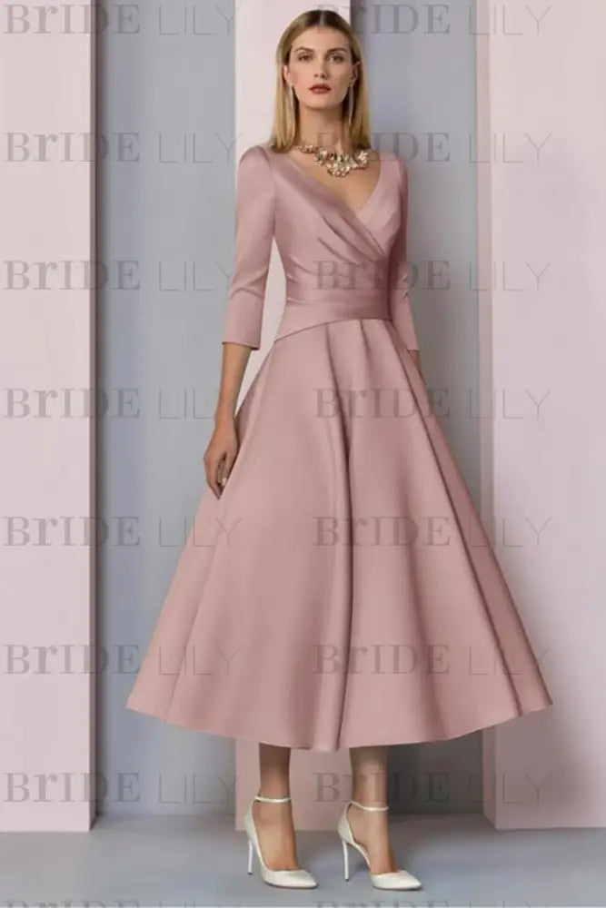 Half Sleeves Satin Wedding Guest Dress Ankle Length Mother of the Bride Dress