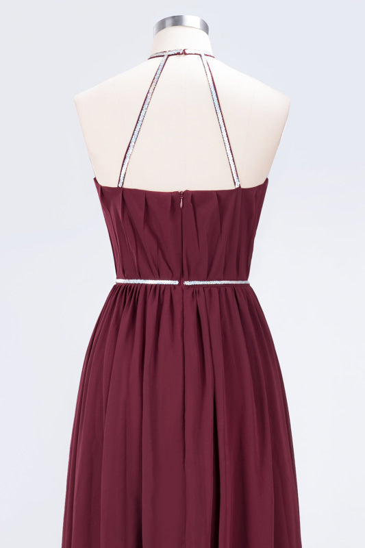 Halter Burgundy Bridesmaid Dress Long with Beadings