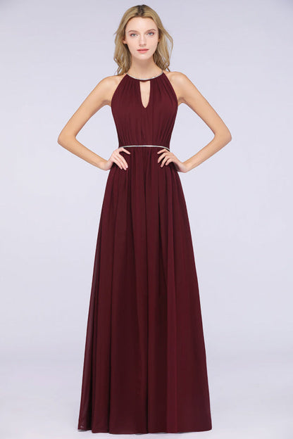 Halter Burgundy Bridesmaid Dress Long with Beadings