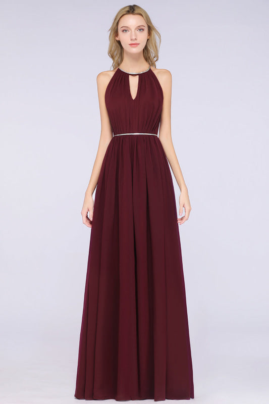Halter Burgundy Bridesmaid Dress Long with Beadings