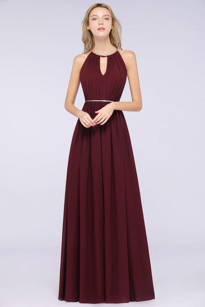 Halter Burgundy Bridesmaid Dress Long with Beadings